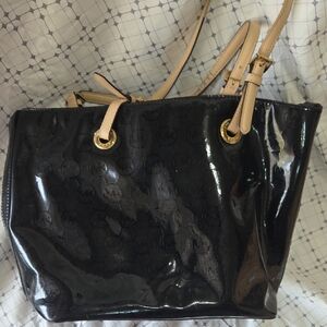 Michael Kors Black Patent Leather Tote with Gold Accents